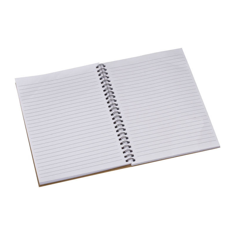 Beležnica A5 črtana, spiralna, 60 listov, recikliran papir, s pisalom