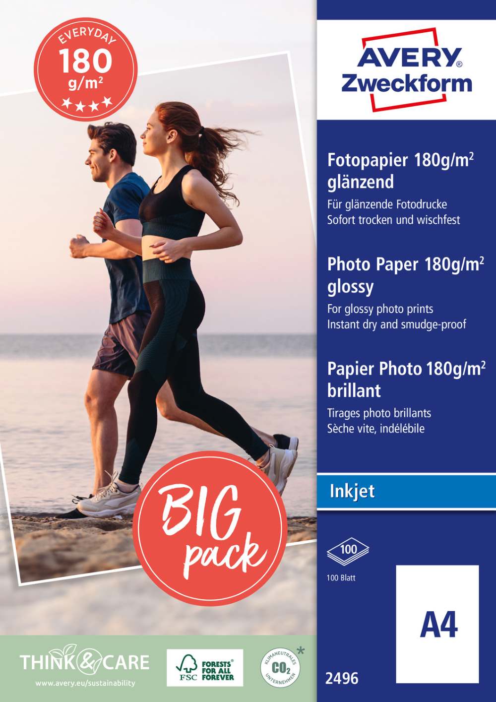 Papir bel sijajni za inkjet tiskalnike Every Day Avery Zweckform 2496, 180 g