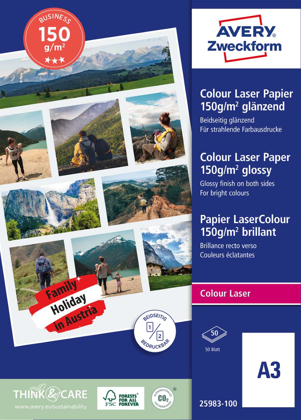 Papir bel obojestranski sijajni za laserske tiskalnike Business Avery Zweckform A3 25983-100, 150 g
