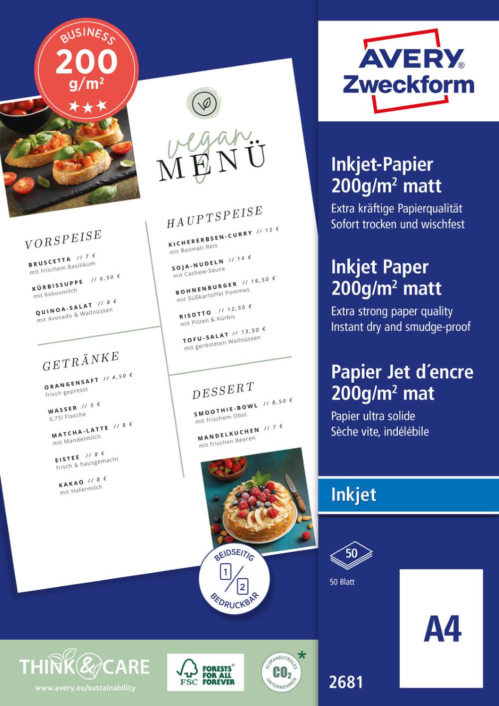 Papir bel mat obojestranski za inkjet tiskalnike Business Avery Zweckform 2681, 200 g