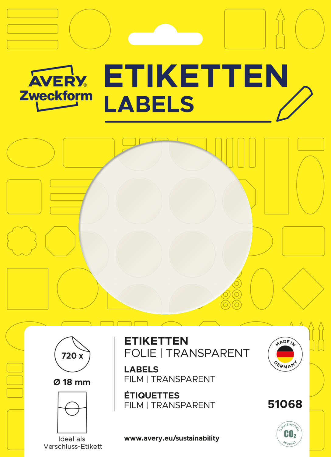 Etikete transparentne okrogle za pečatenje Avery Zweckform 51068, fi 18 mm