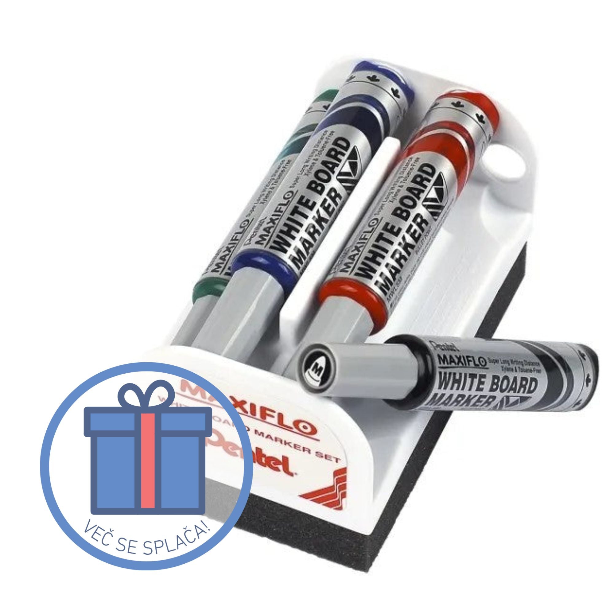 Marker za belo tablo Pentel Maxiflo, set 4/1 + magnetno držalo z gobico