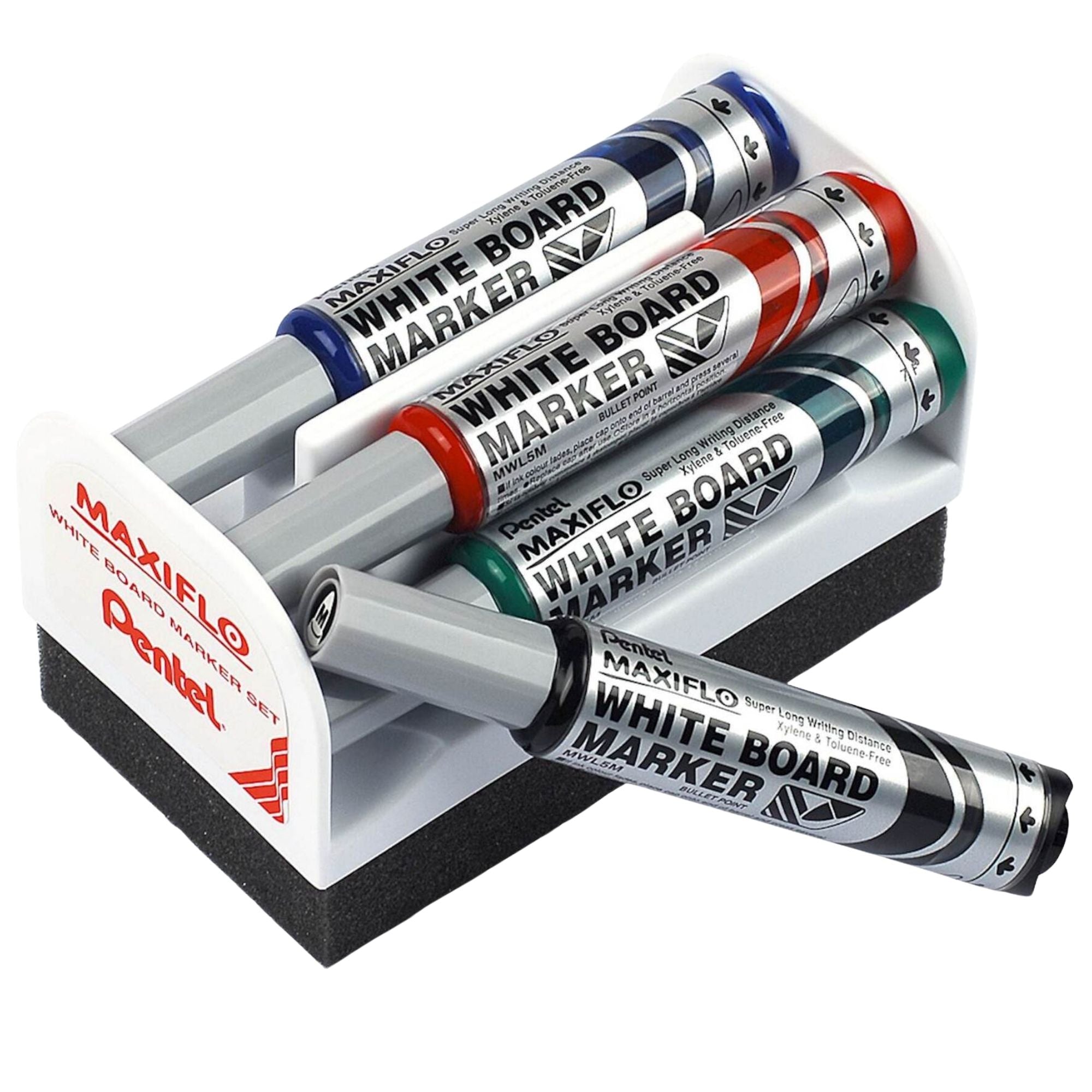 Marker za belo tablo Pentel Maxiflo, set 4/1 + magnetno držalo z gobico