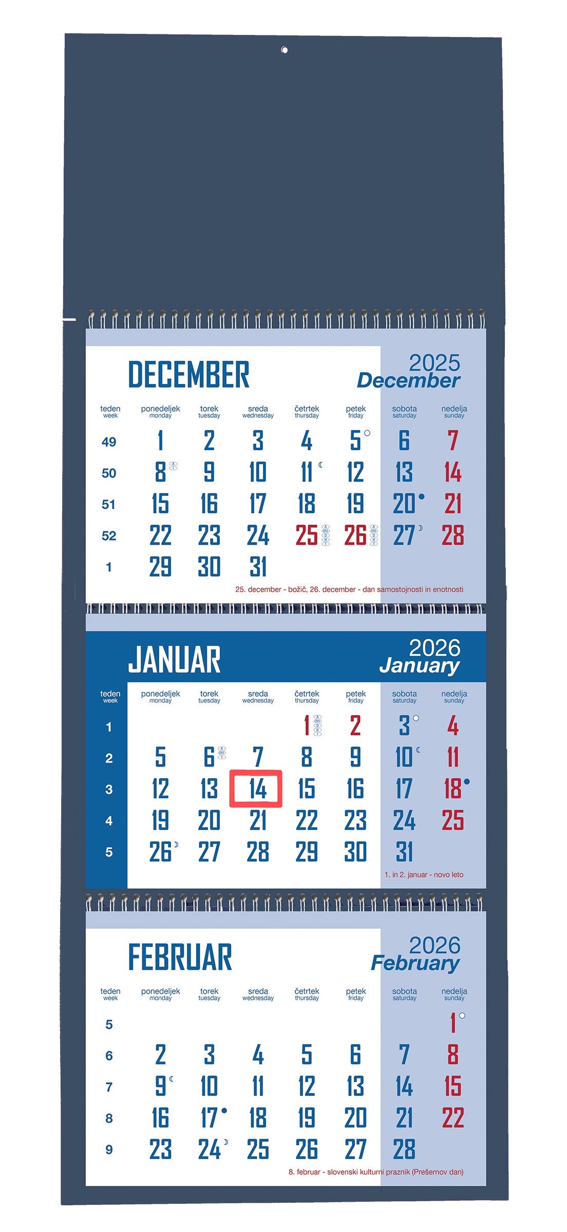 3-delni spiralni koledar, z barvno podlogo