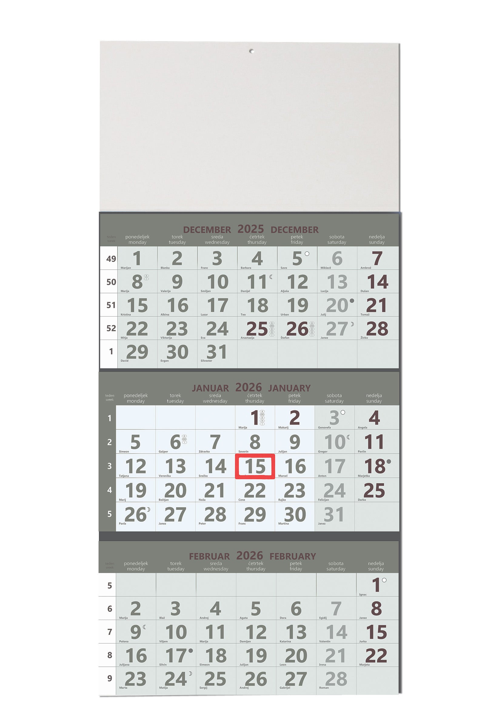 3-delni lepljeni perforirani koledar