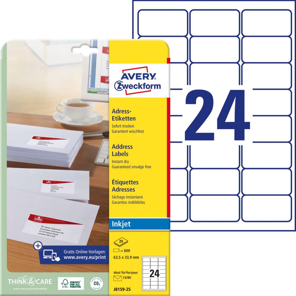 Etikete papirne bele za naslove Avery Zweckform J8159-25, 63,5 x 33,9 mm