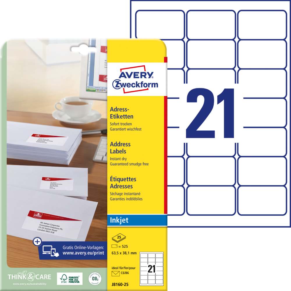 Etikete papirne bele za naslove Avery Zweckform J8160-25, 63,5 x 38,1 mm