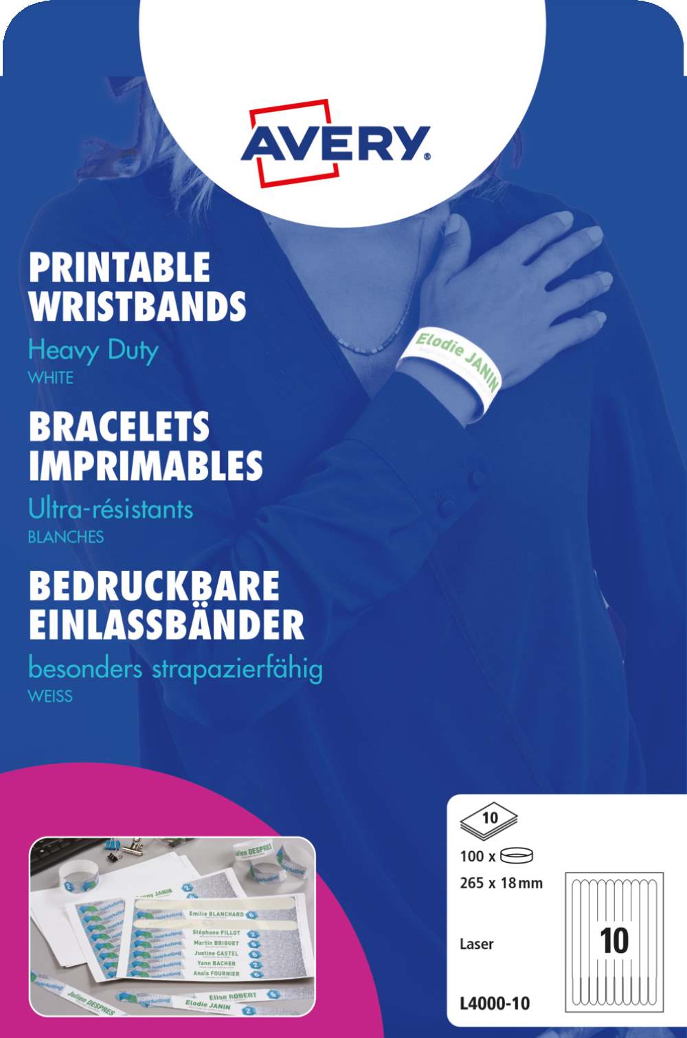 Zapestnice bele za imena Avery Zweckform L4000-10, 265 x 18 mm