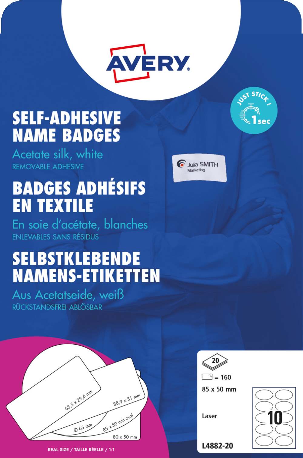 Priponke samolepilne bele ovalne za imena Avery Zweckform L4882-20, 85 x 50 mm