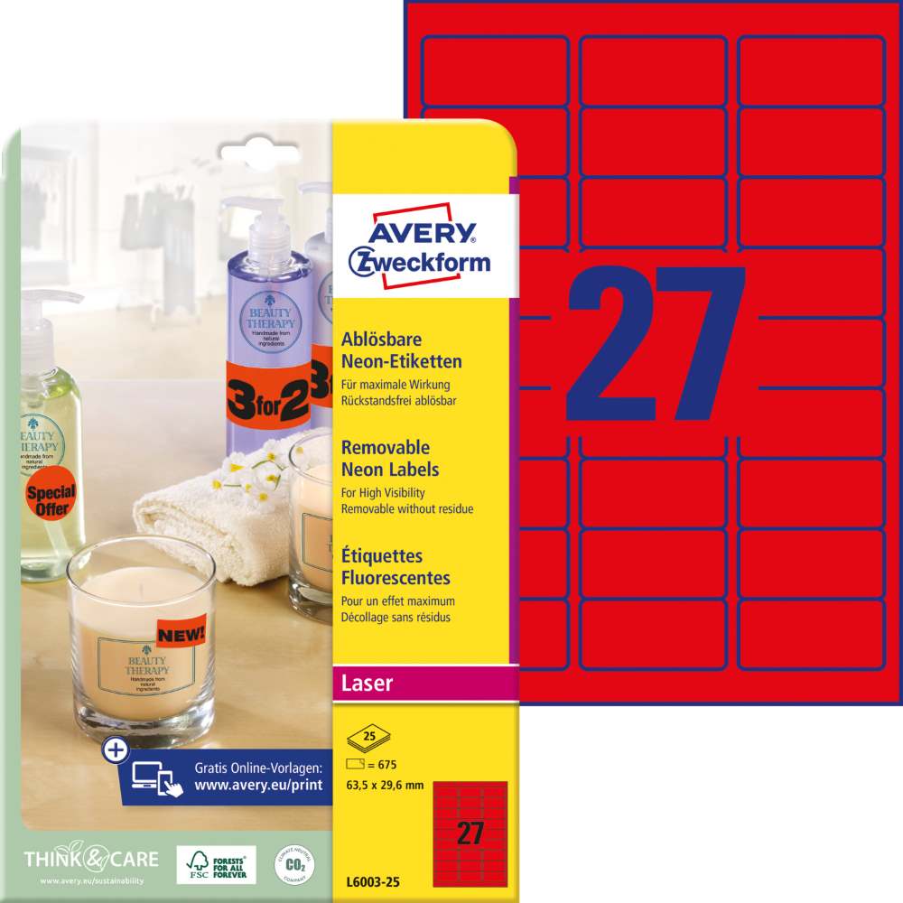Etikete papirne neon barvne odstranljive Avery Zweckform, 63,5 x 29,6 mm