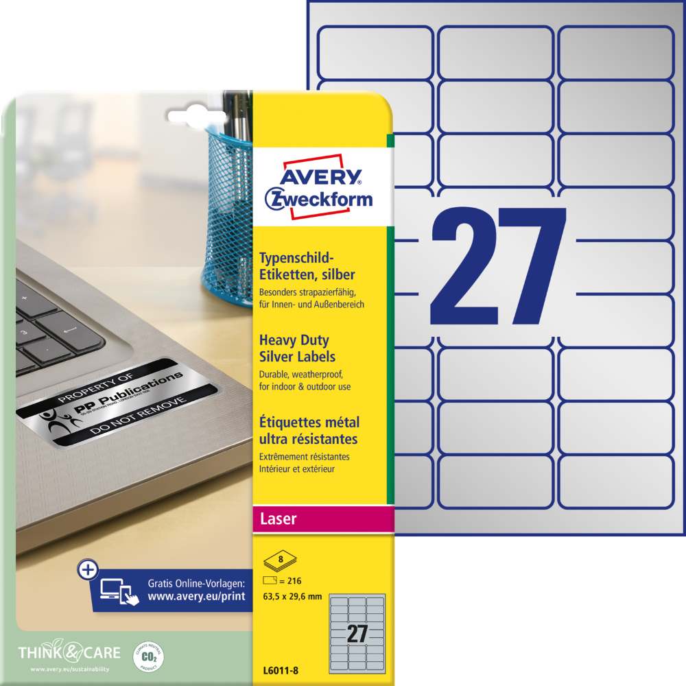 Etikete poliestrske srebrne zelo odporne Avery Zweckform L6011-8, 63,5 x 29,6 mm