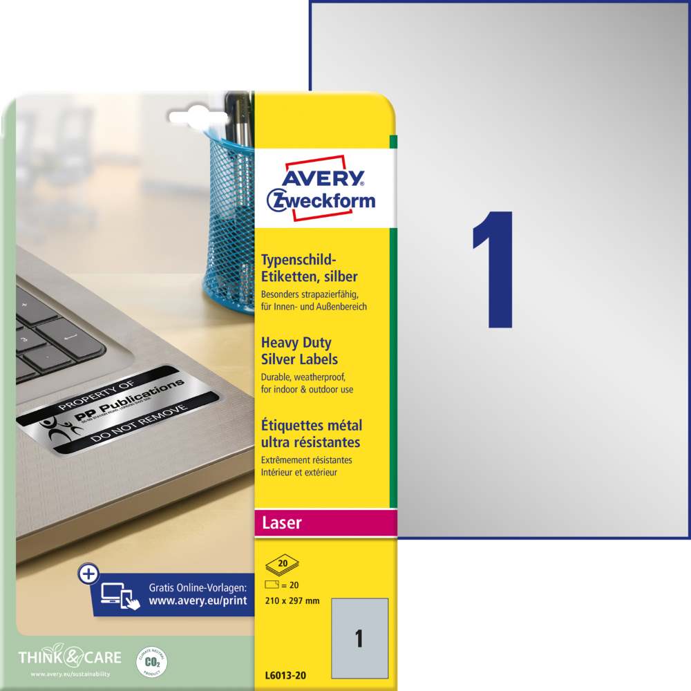 Etikete poliestrske srebrne zelo odporne Avery Zweckform L6013-20, 210 x 297 mm