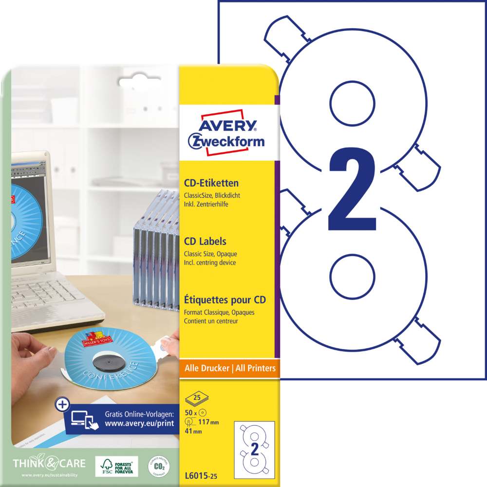 Etikete bele za CD ClassicSize s centrirnim obročkom Avery Zweckform L6015-25, fi 117 mm