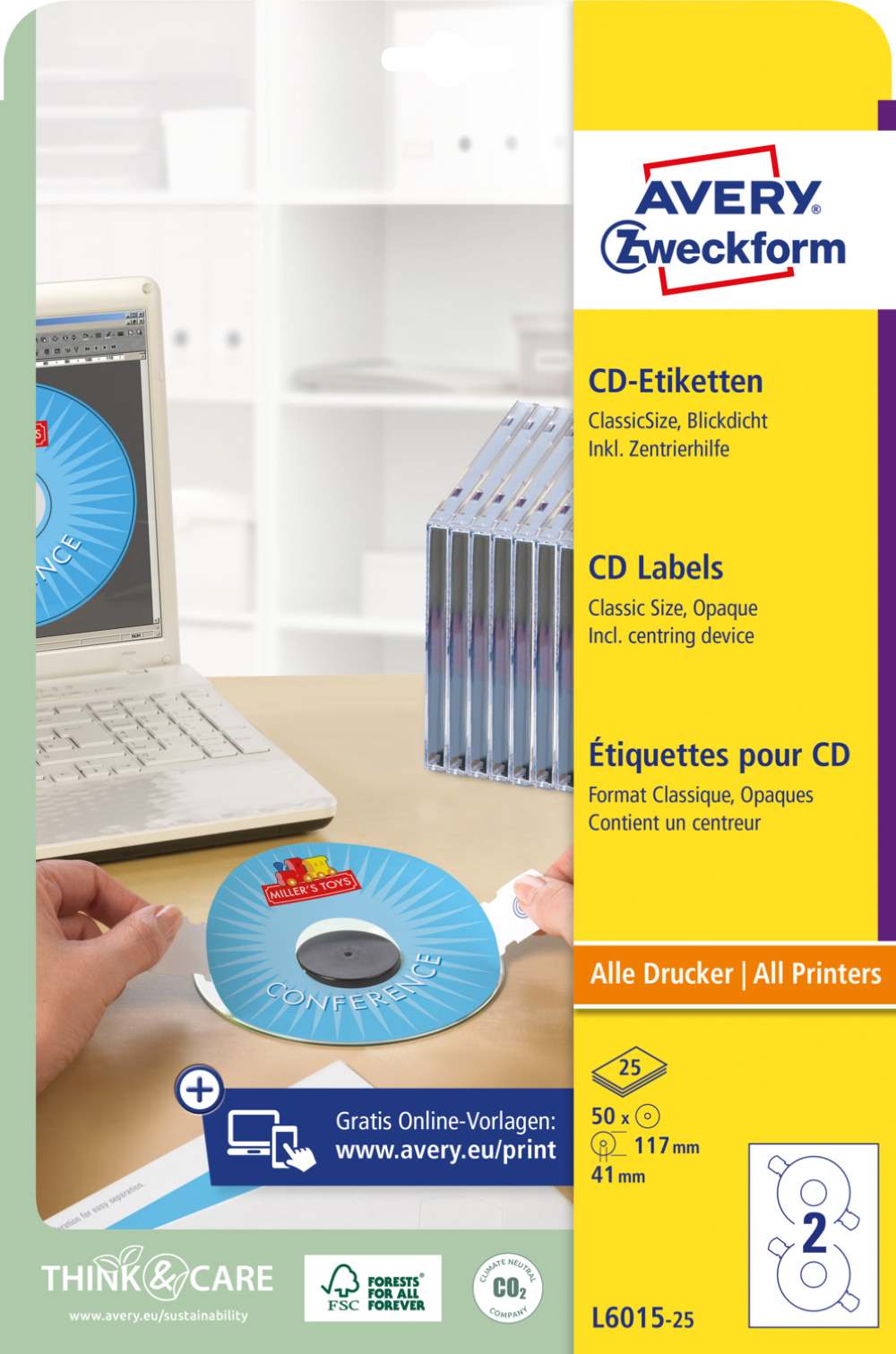 Etikete bele za CD ClassicSize s centrirnim obročkom Avery Zweckform L6015-25, fi 117 mm