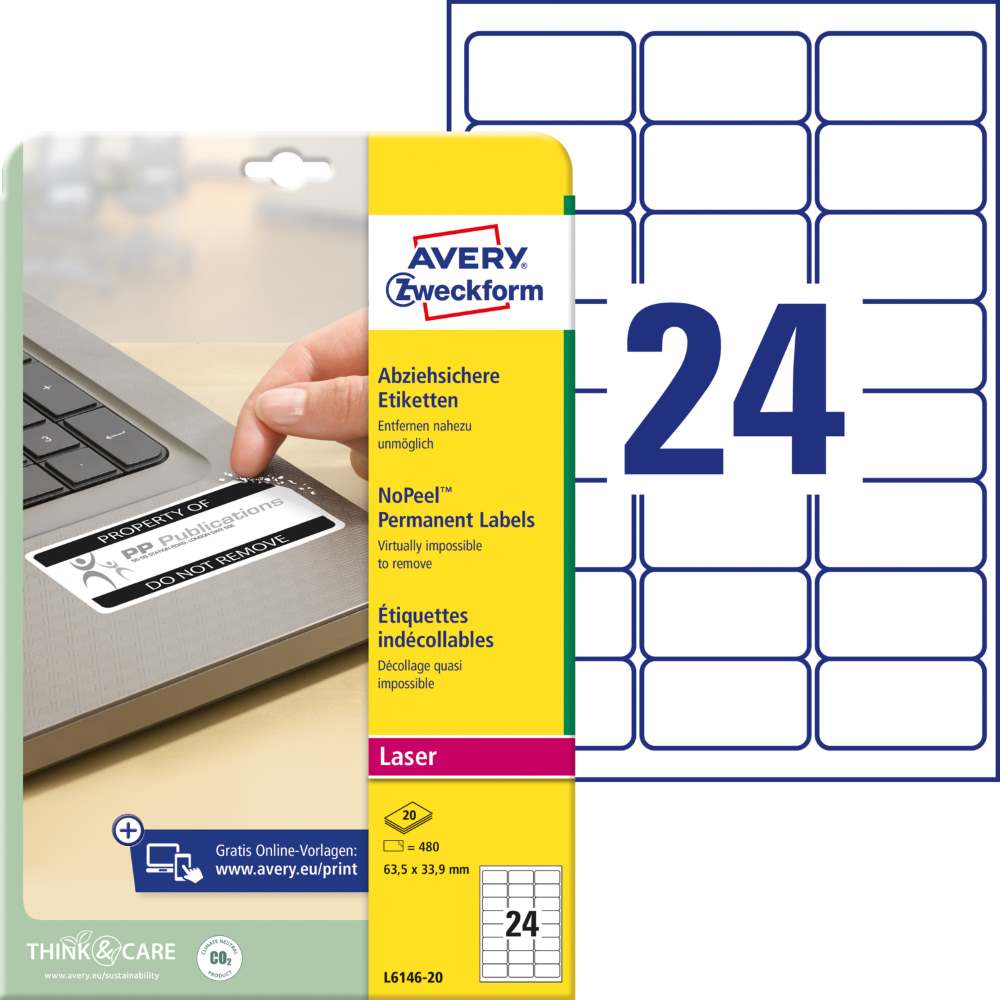 Etikete bele varovalne NoPeel Avery Zweckform L6146-20, 63,5 x 33,9 mm