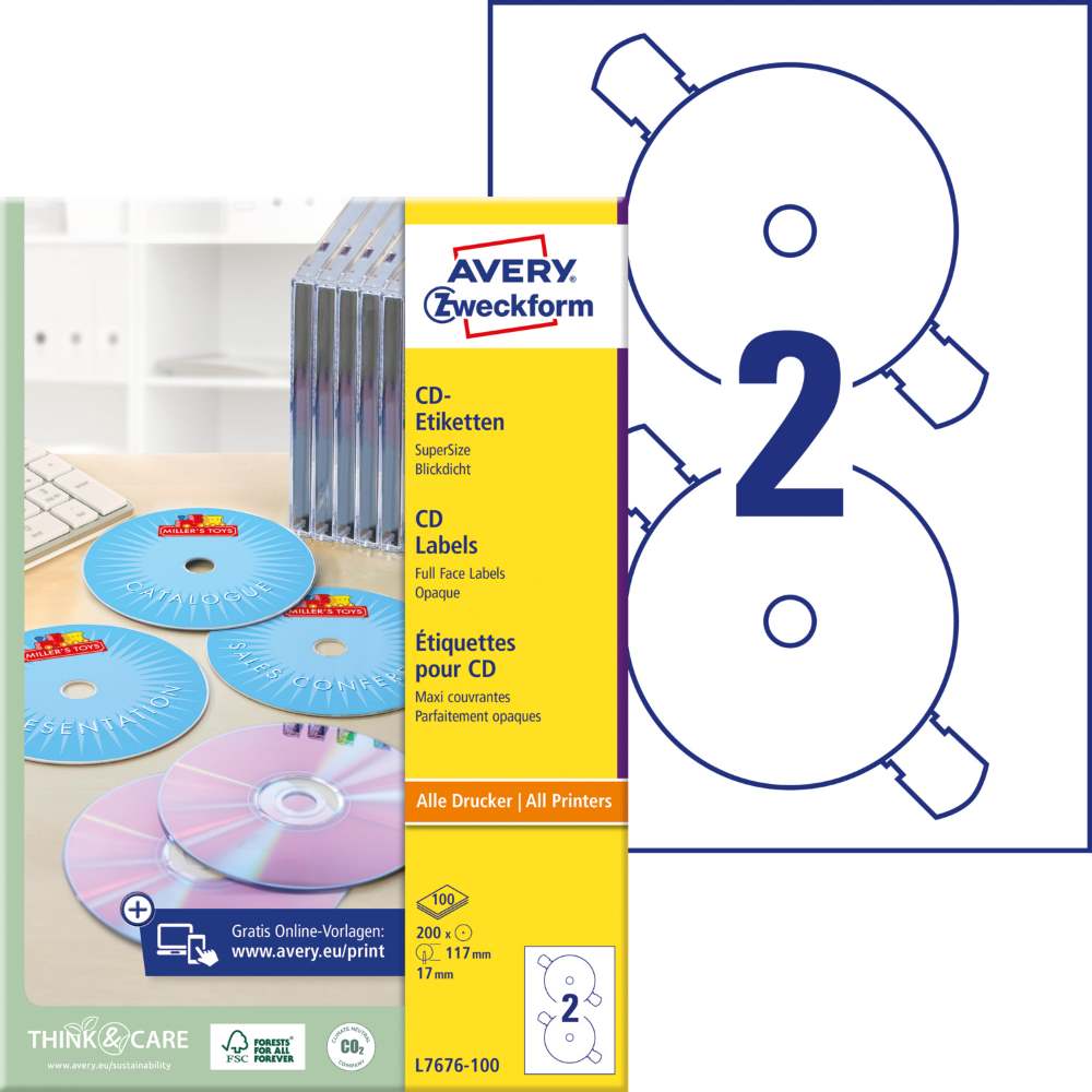 Etikete bele za CD SuperSize Avery Zweckform L7676-100, fi 117 mm