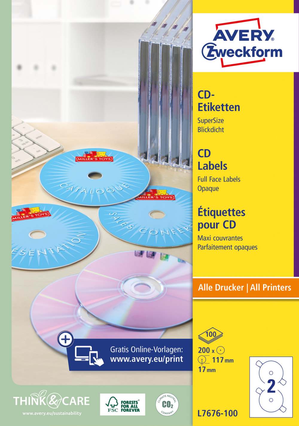 Etikete bele za CD SuperSize Avery Zweckform L7676-100, fi 117 mm