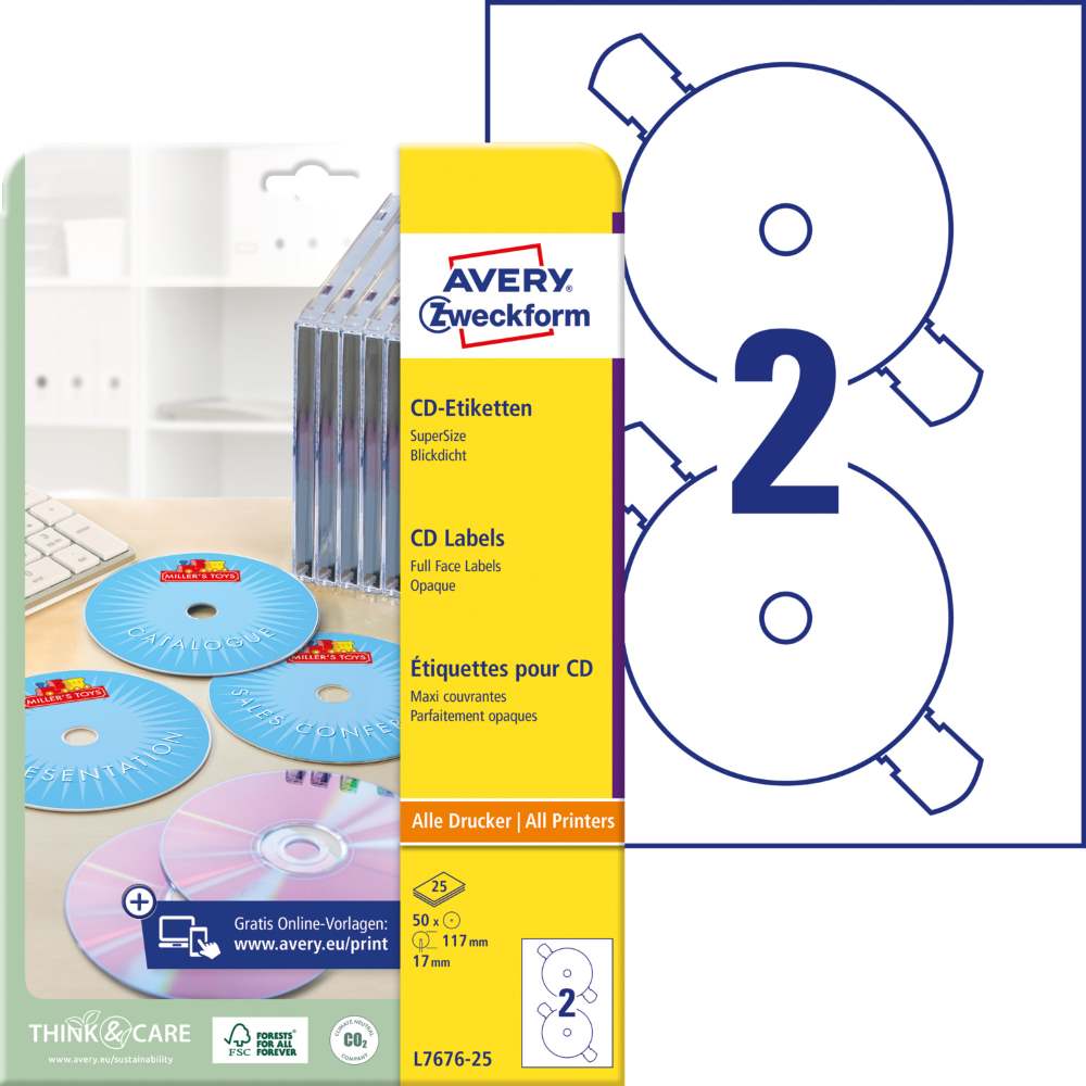Etikete bele za CD SuperSize Avery Zweckform L7676-25, fi 117 mm