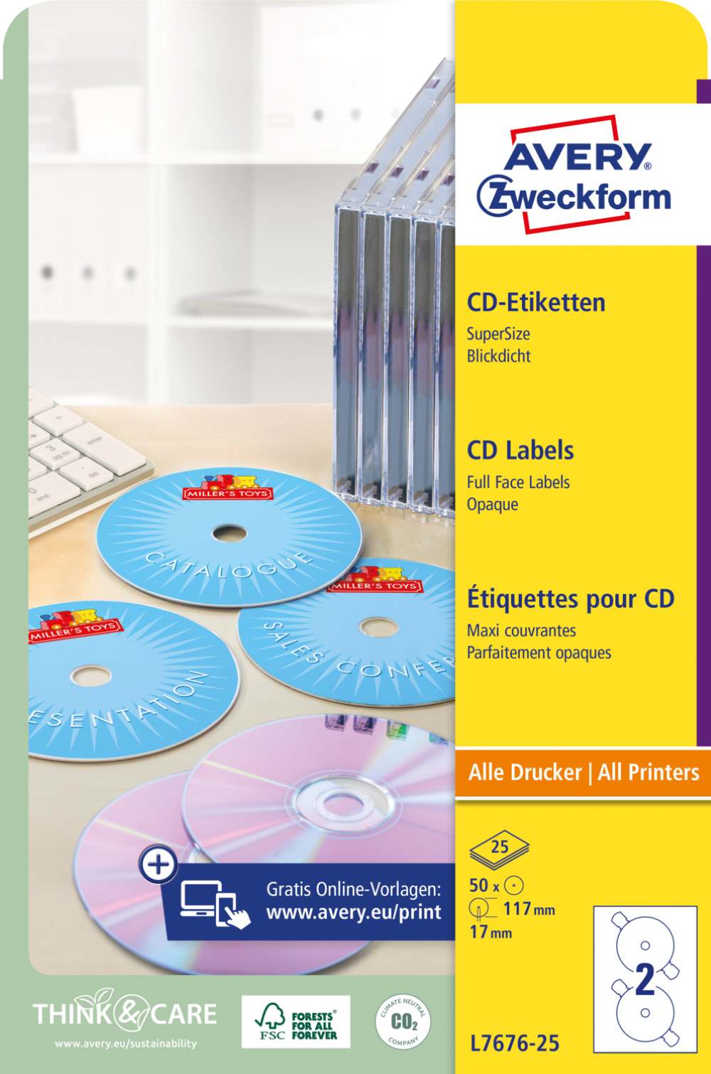 Etikete bele za CD SuperSize Avery Zweckform L7676-25, fi 117 mm
