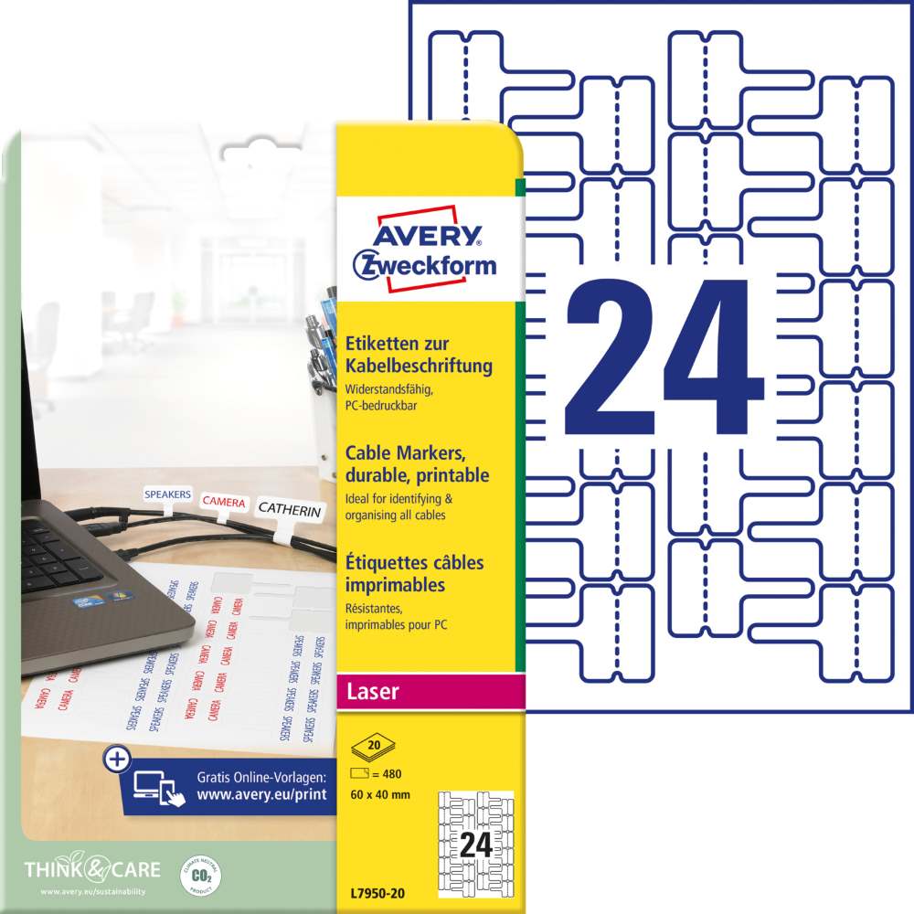 Etikete bele za označevanje kablov Avery Zweckform L7950-20, 60 x 40 mm