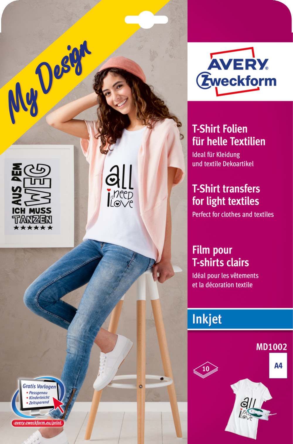 Folija za preslikavo na bele in svetle tkanine za inkjet tiskalnike Avery Zweckform MD1002