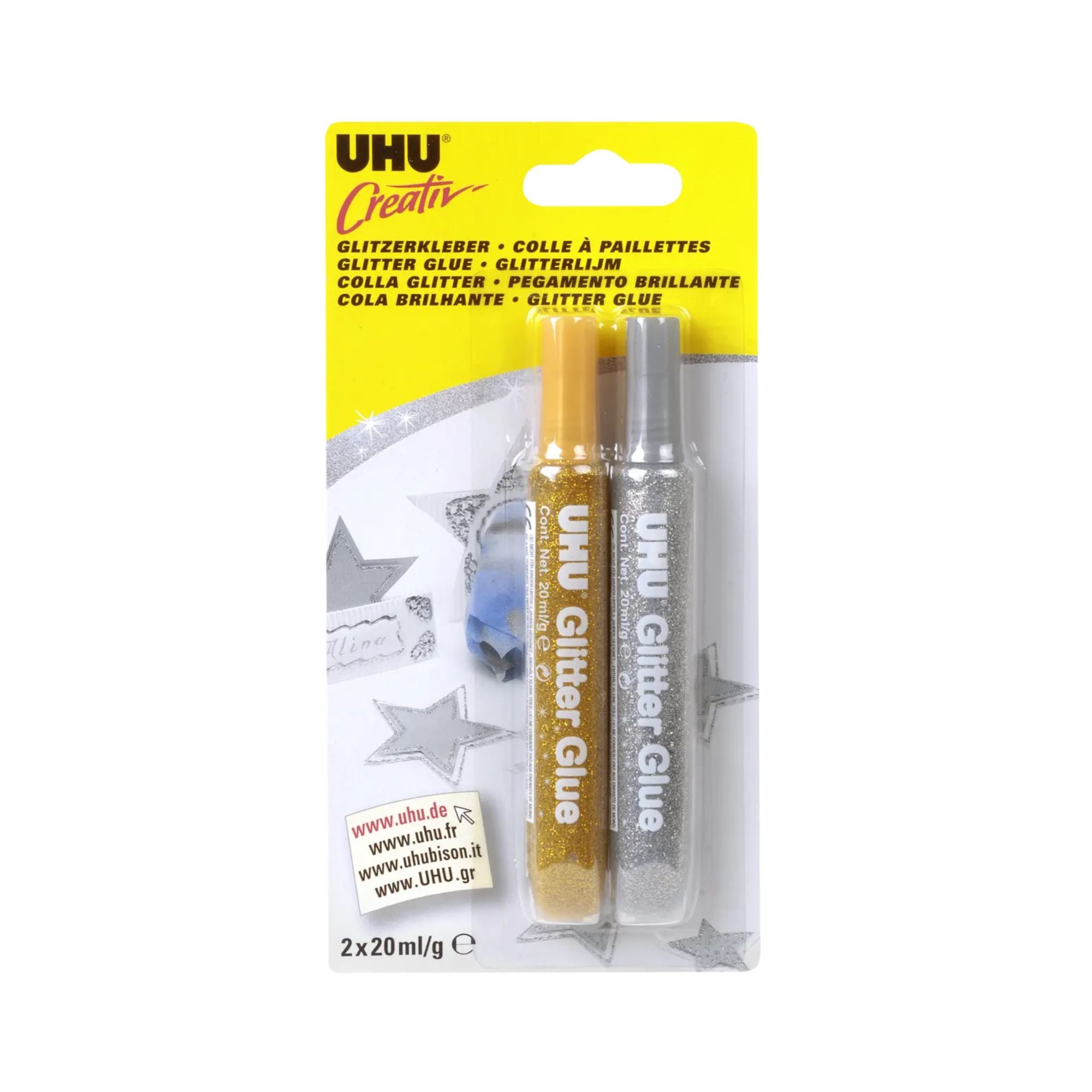 Lepilo z bleščicami Uhu Glitter Glue, 2 x 10 ml, zlato / srebrno