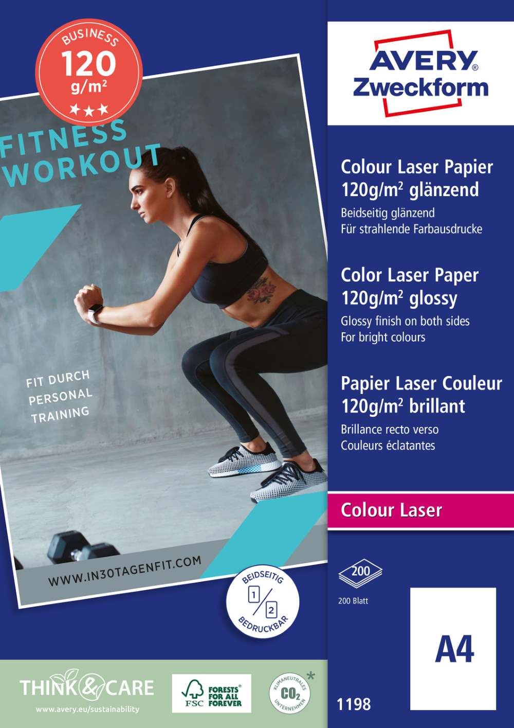 Papir bel obojestranski sijajni za laserske tiskalnike Business Avery Zweckform 1198, 120 g