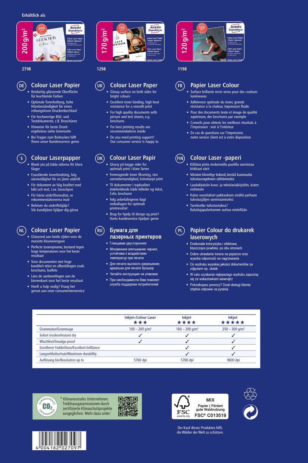 Papir bel obojestranski sijajni za laserske tiskalnike Business Avery Zweckform 1198, 120 g