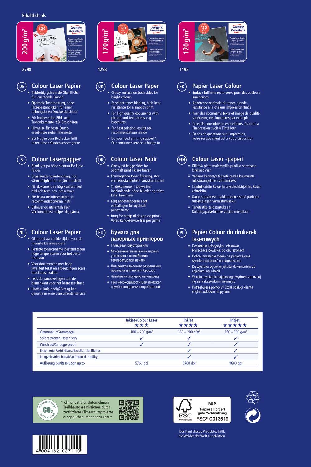 Papir bel obojestranski sijajni za laserske tiskalnike Business Avery Zweckform 1298, 170 g