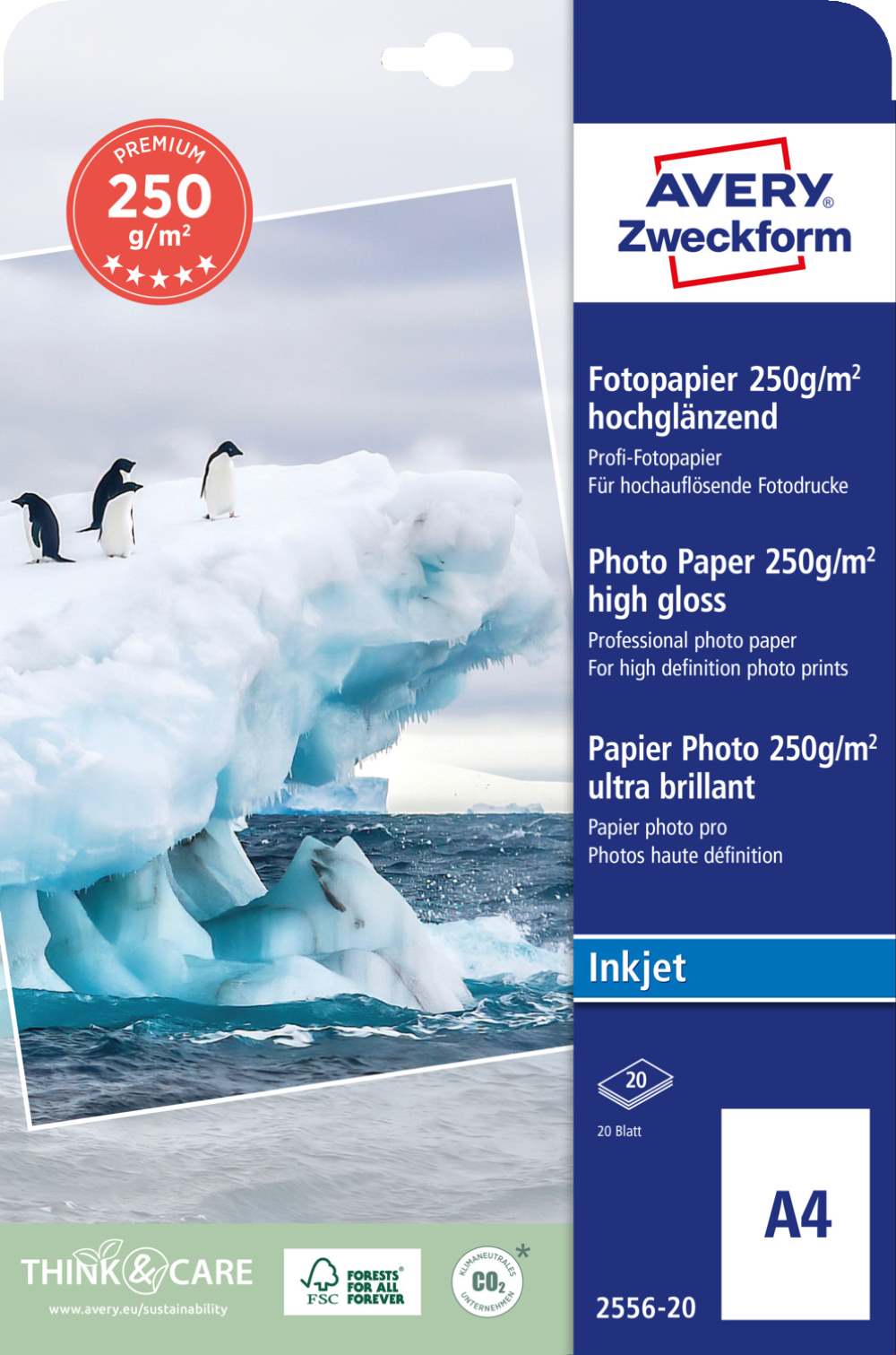 Papir bel sijajni za inkjet tiskalnike Premium Avery Zweckform 2556-20, 250 g