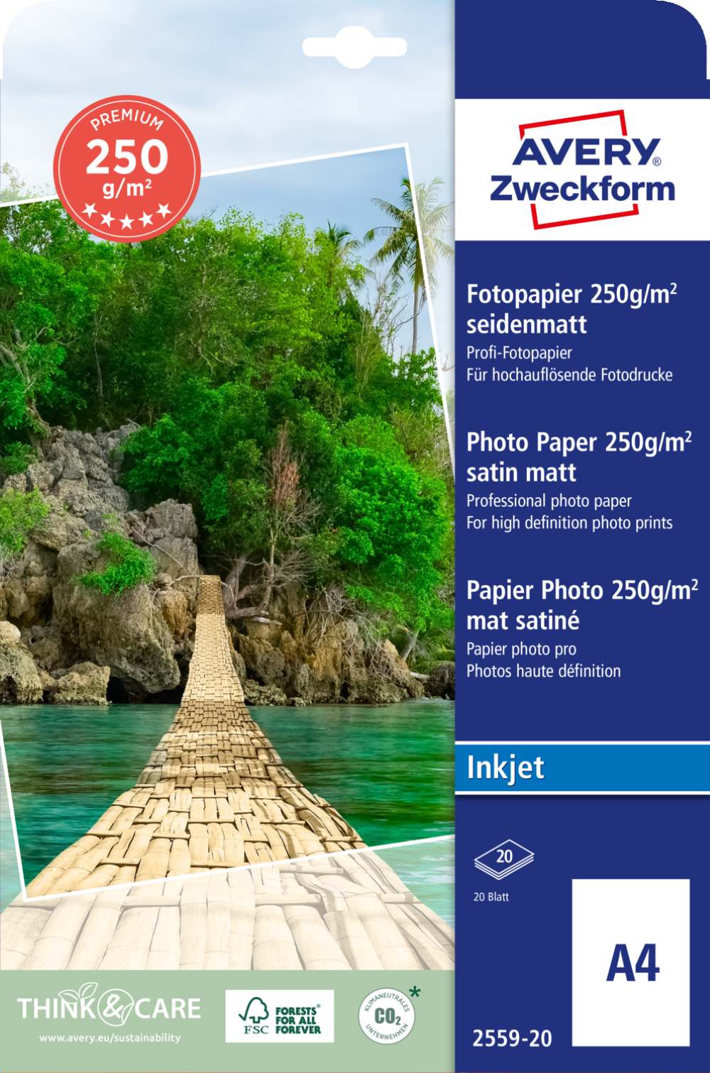 Papir foto bel polsijajni za inkjet tiskalnike Premium Avery Zweckform 2559-20, 250 g