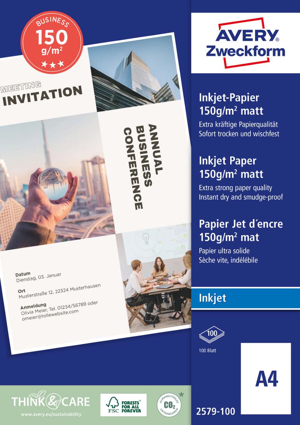 Papir bel mat za inkjet tiskalnike Business Avery Zweckform 2579-100, 150 g