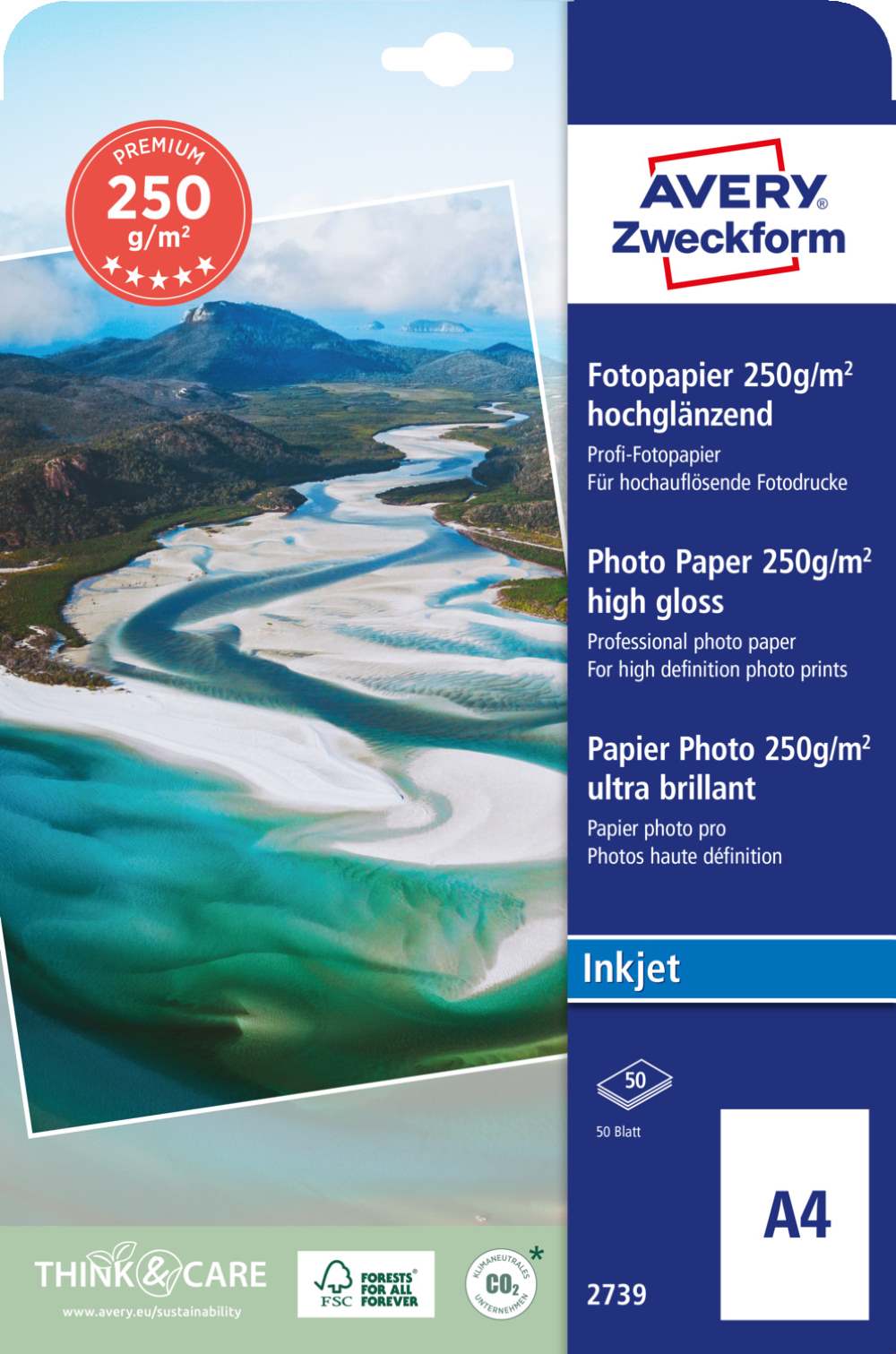 Papir foto bel sijajni za inkjet tiskalnike Premium Avery Zweckform 2739, 250 g