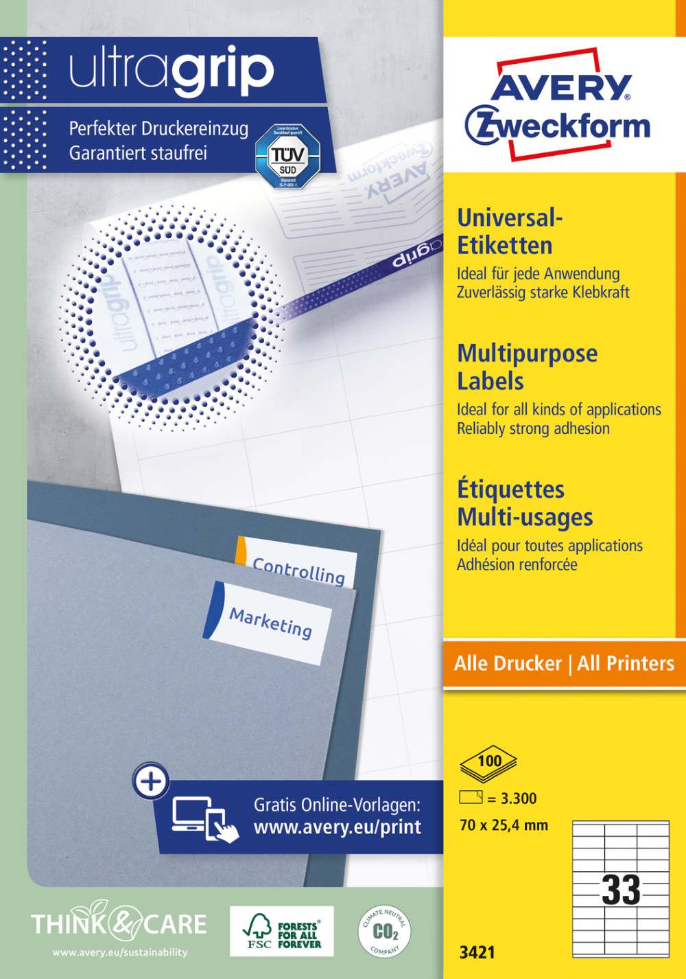 Etikete papirne bele univerzalne Avery Zweckform 3421, 70 x 25,4 mm