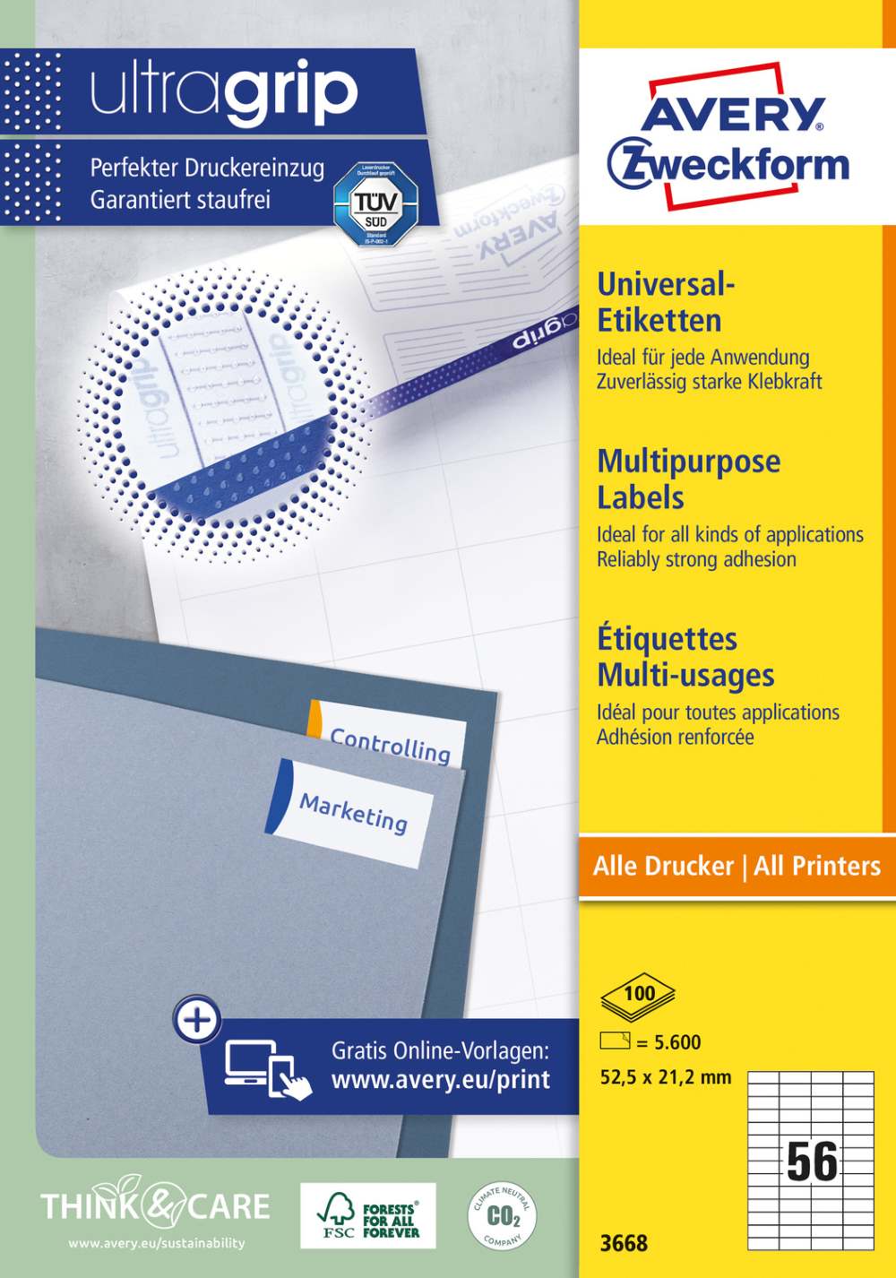 Etikete papirne bele univerzalne Avery Zweckform 3668, 52,5 x 21,2 mm