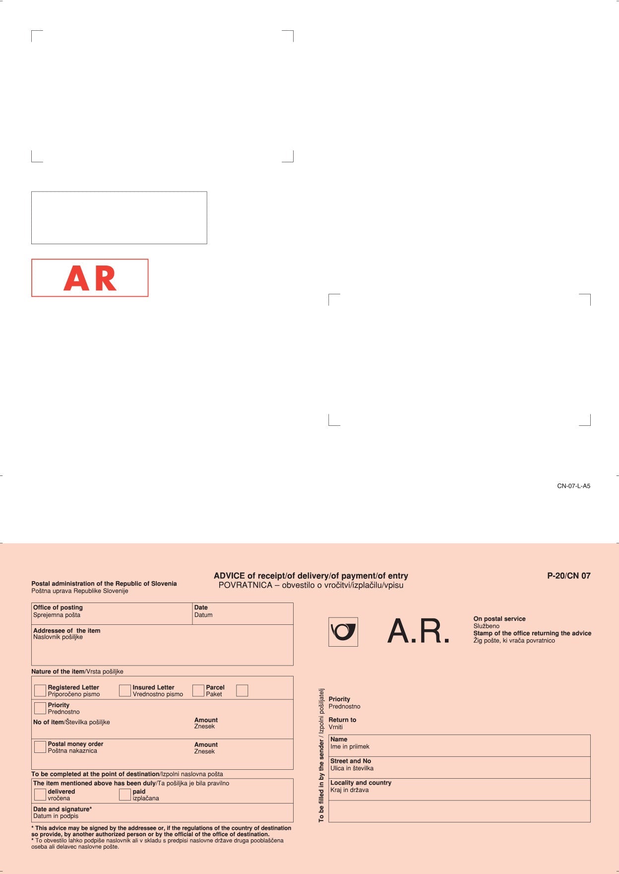 Kuverta s povratnico, žep A5
