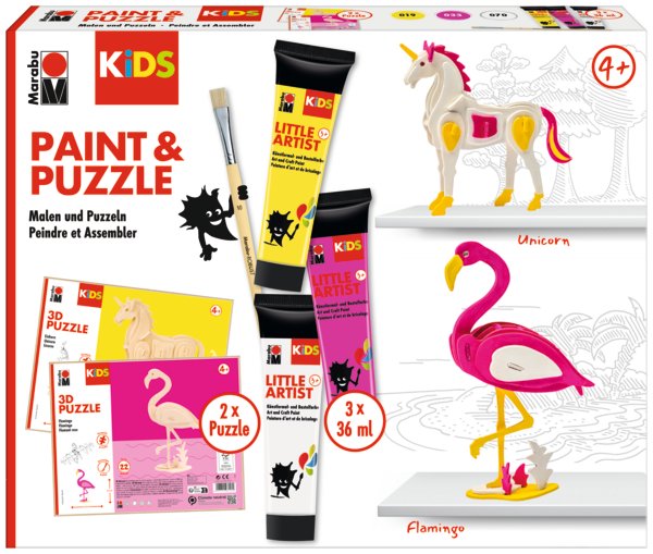 Barva Marabu KiDS Little Artist Paint&Puzzle Dino/Unicorn, seta, 3 x 36 ml