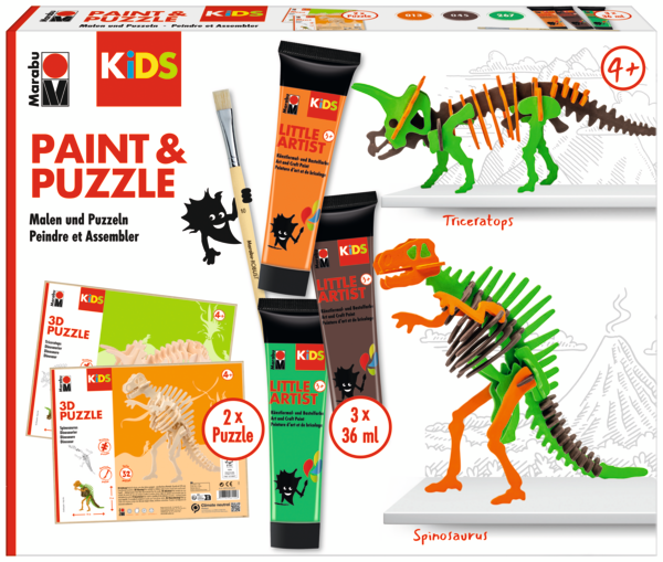 Barva Marabu KiDS Little Artist Paint&Puzzle Dino/Unicorn, seta, 3 x 36 ml