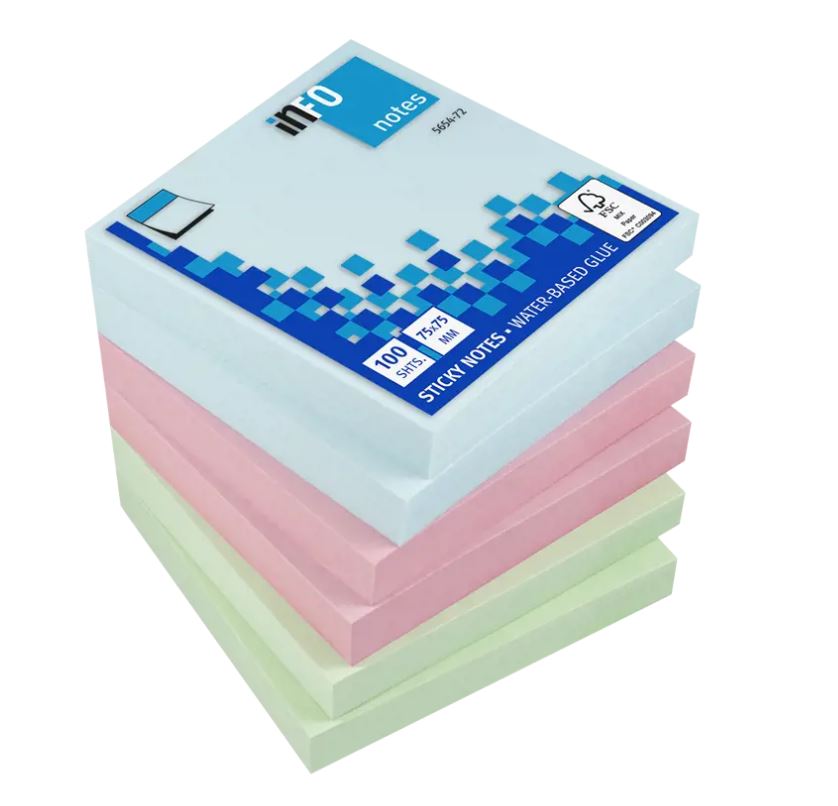 Blok samolepilni Info, 75 x 75 mm, 100 listni, 3 barve x 2 bloka