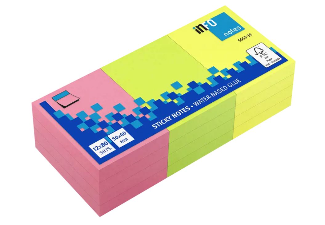Blok samolepilni Info, 50 x 40 mm, 80 listni, 3 barve x 4 bloki