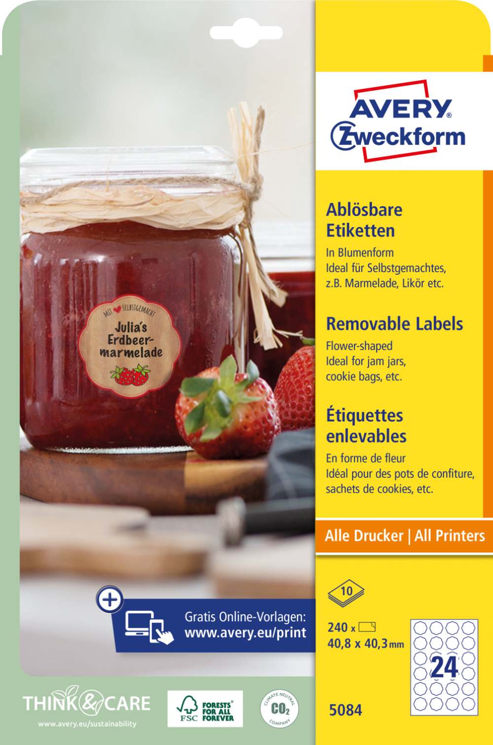 Etikete papirne bele odstranljive Avery Zweckform 5084, 40,8 x 40,3 mm