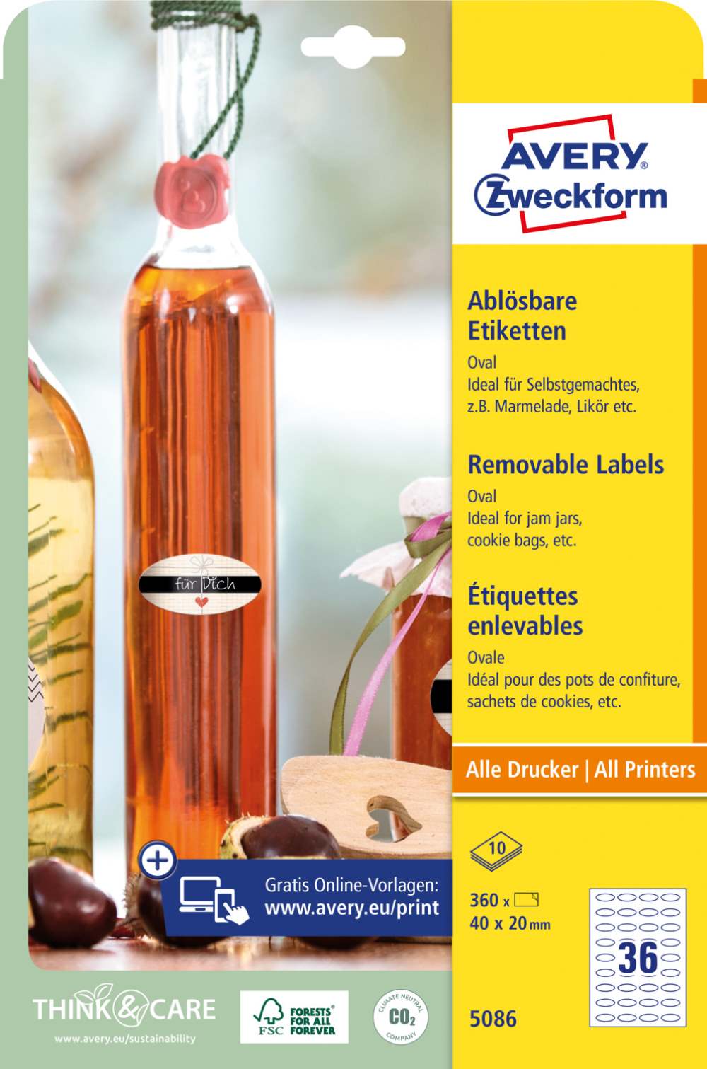 Etikete papirne bele odstranljive ovalne Avery Zweckform 5086, 40 x 20 mm