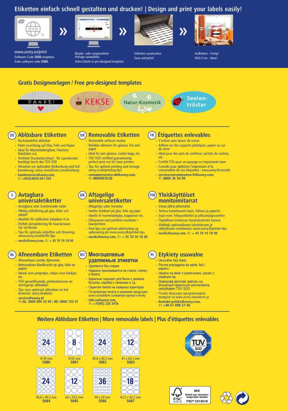 Etikete papirne bele odstranljive ovalne Avery Zweckform 5086, 40 x 20 mm