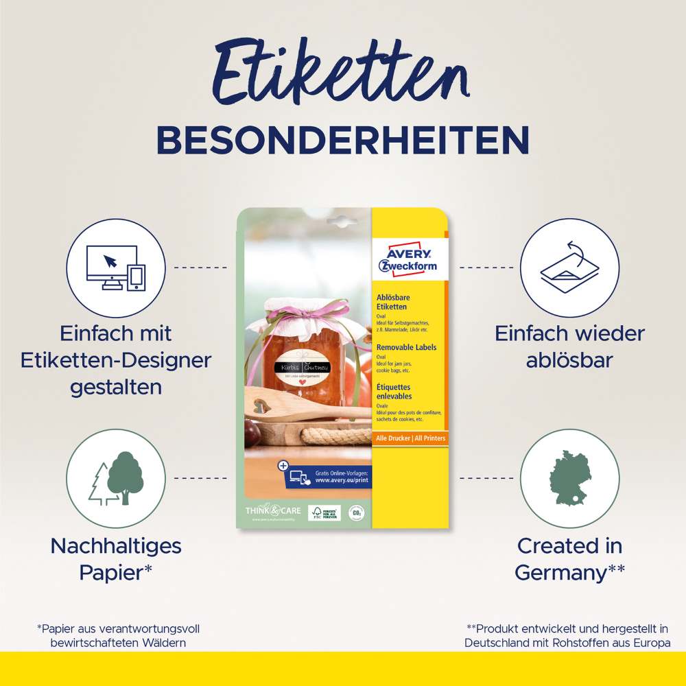 Etikete papirne bele odstranljive ovalne Avery Zweckform 5086, 40 x 20 mm