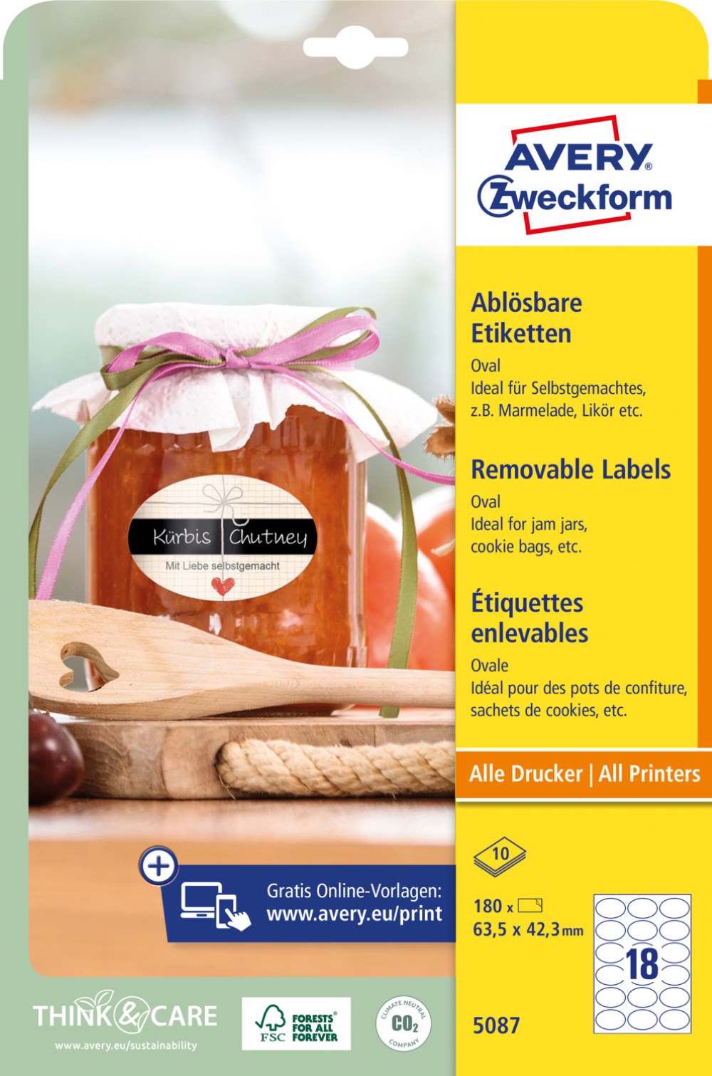 Etikete papirne bele odstranljive ovalne Avery Zweckform 5087, 63,5 x 42,3 mm