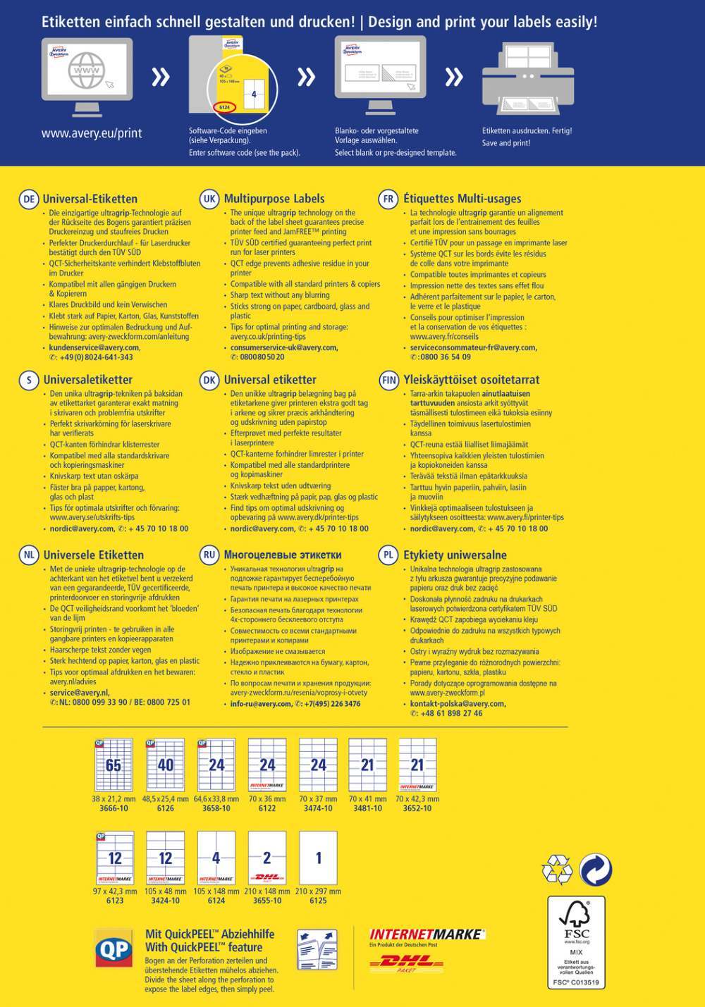 Etikete papirne bele univerzalne Avery Zweckform 6123, 97 x 42,3 mm