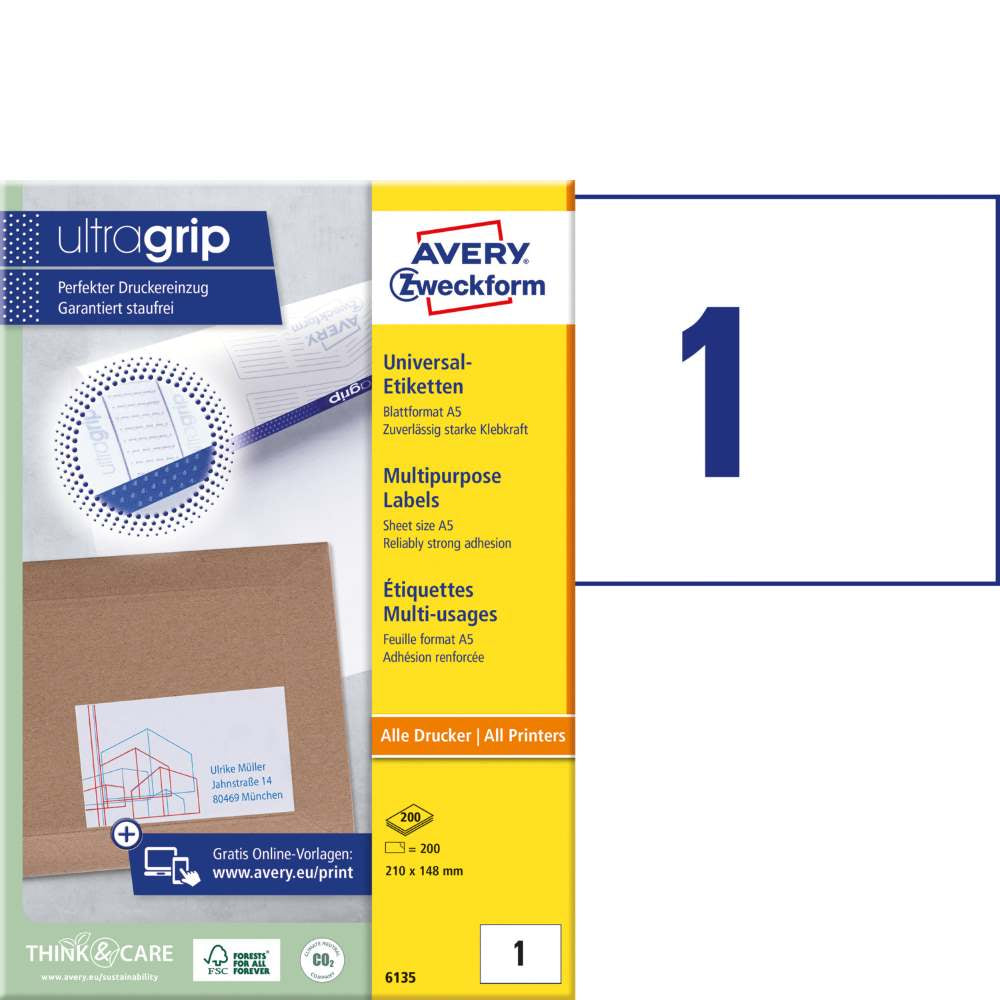 Etikete papirne bele univerzalne A5 Avery Zweckform 6135, 210 x 148 mm