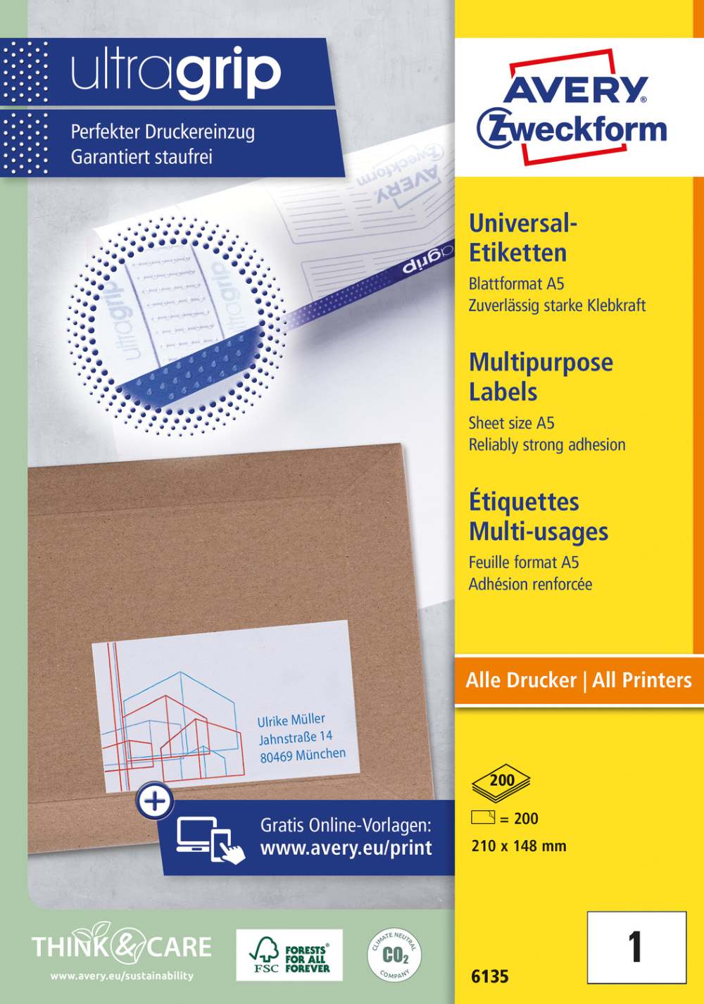 Etikete papirne bele univerzalne A5 Avery Zweckform 6135, 210 x 148 mm