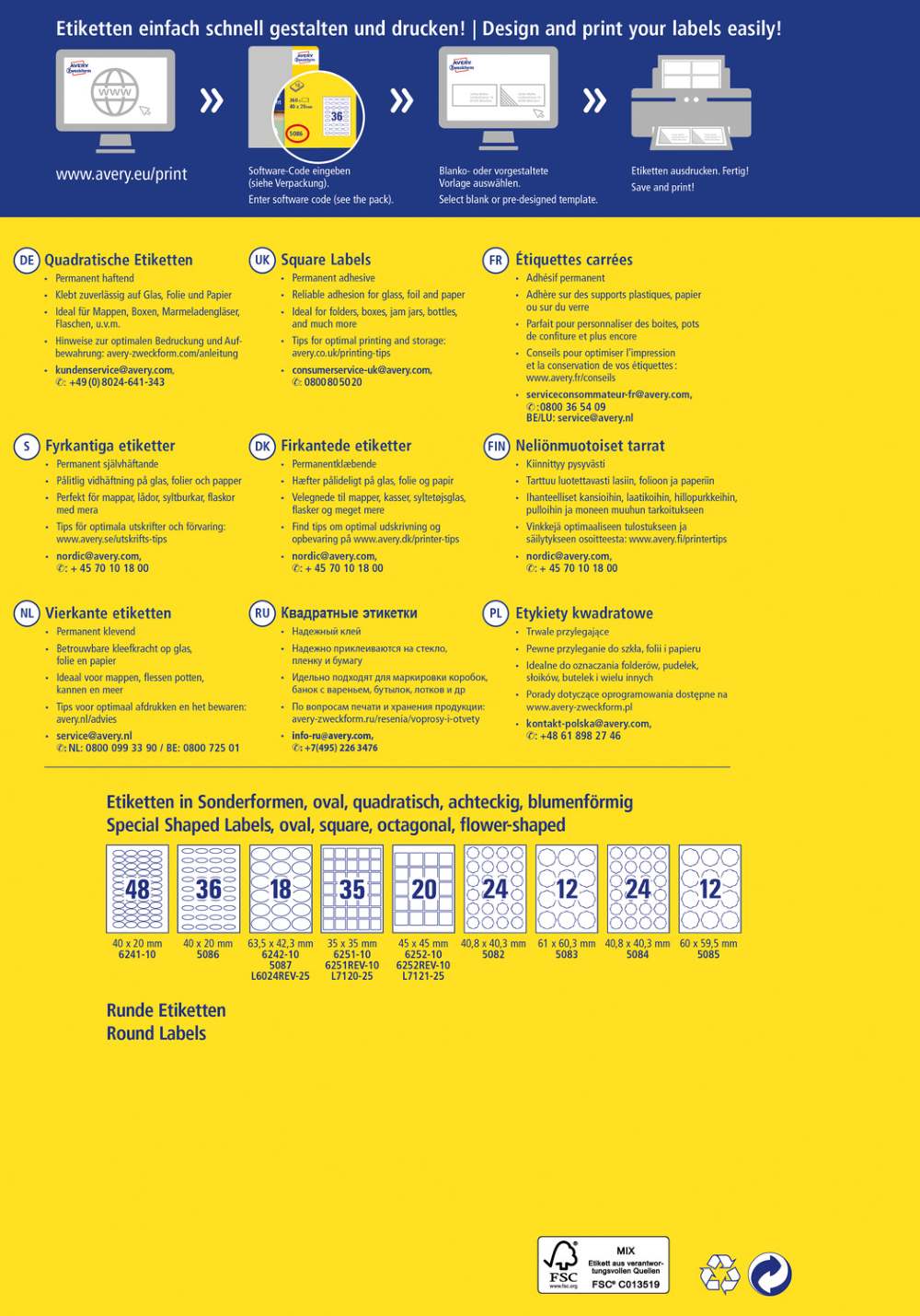 Etikete papirne bele kvadratne Avery Zweckform 6251-10, 35 x 35 mm