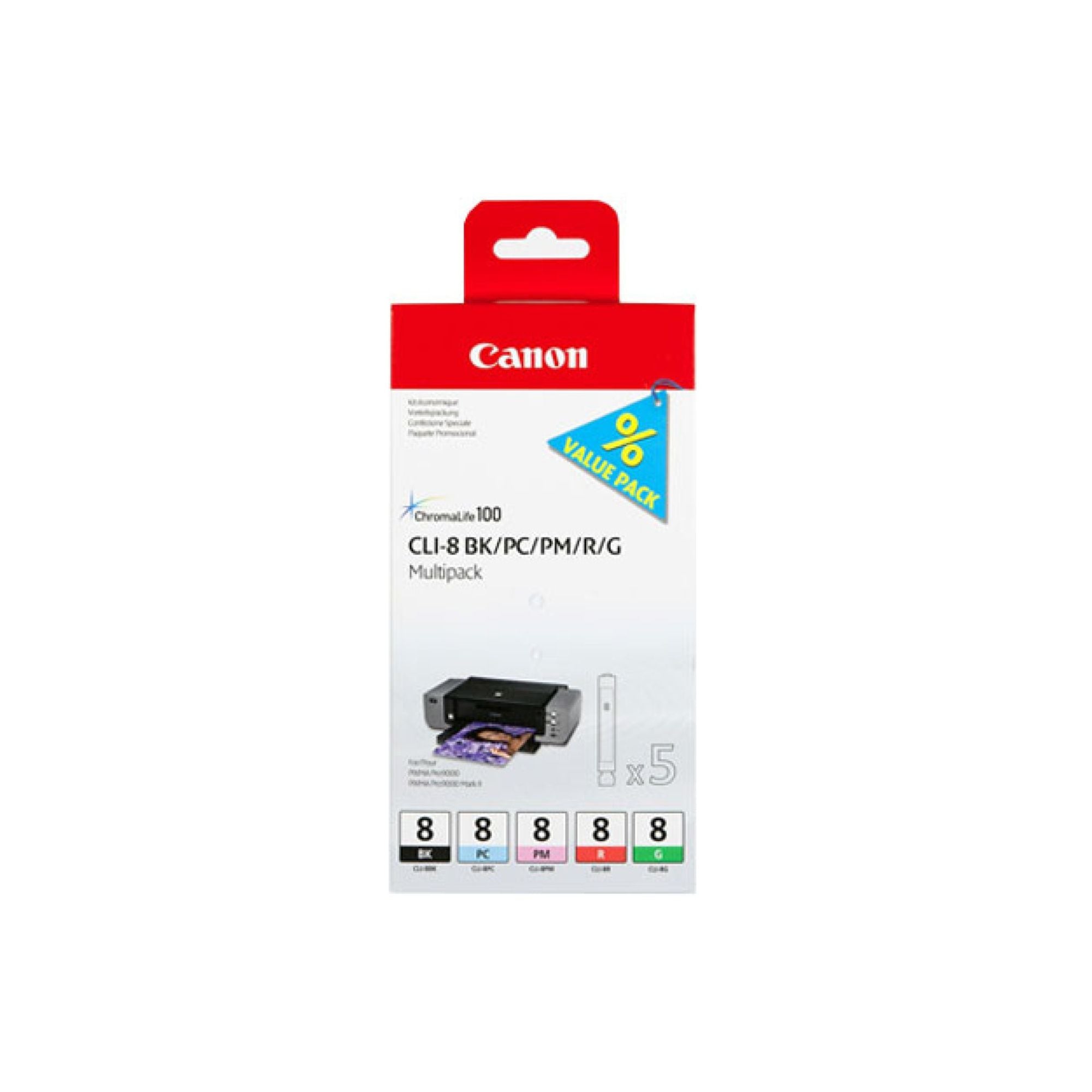 Komplet črnil Canon CLI-8 0620B027AA, črna / foto cyan modra / foto magenta / rdeča / zelena